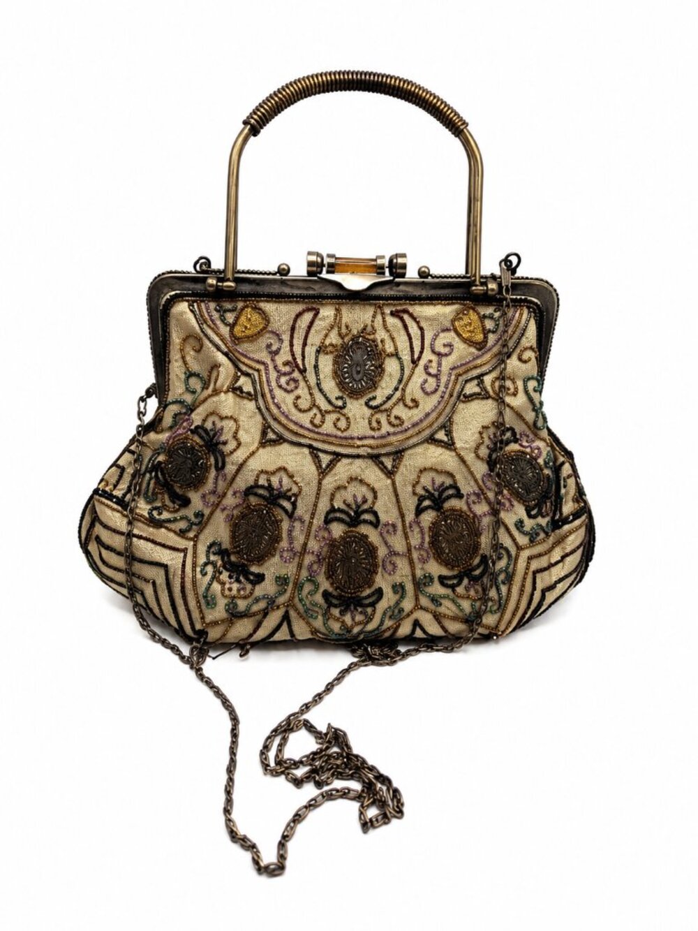 Vintage Art Deco Style Beaded Evening Bag Cream Gold Top Handle Purse